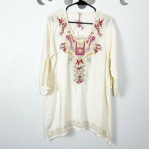 NWT Solitaire Woman's Sz S Embroidered Cream‎ Long Sleeve V Neck Tunic Blouse